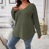 Top informal de punto acanalado vertical de manga larga con cuello en V para mujer, holgado, talla grande