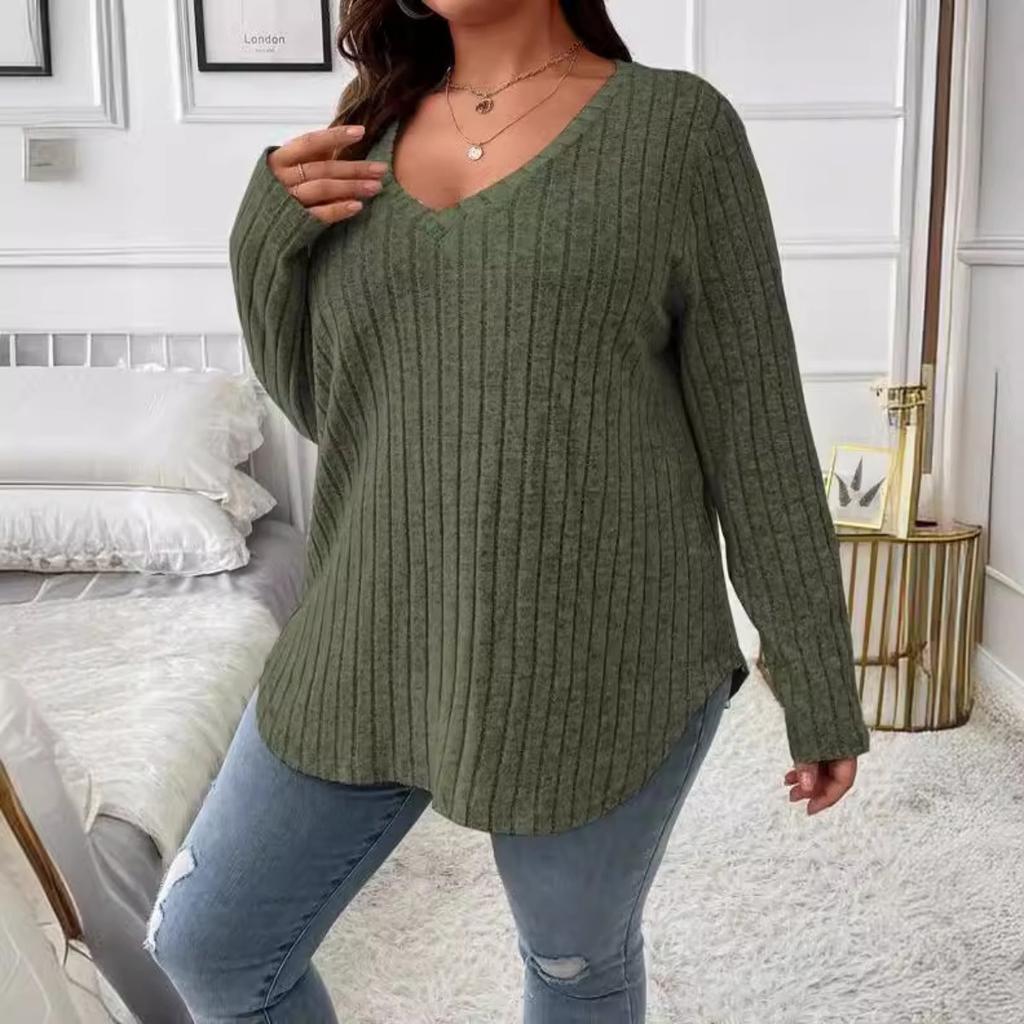 Top informal de punto acanalado vertical de manga larga con cuello en V para mujer, holgado, talla grande