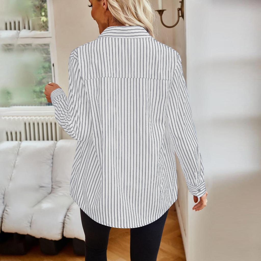 Dámské košile se zapínáním na knoflíky Bavlna s proužkovanými šaty Košile s dlouhým rukávem Límeček Pracovní proužky Halenky Topy