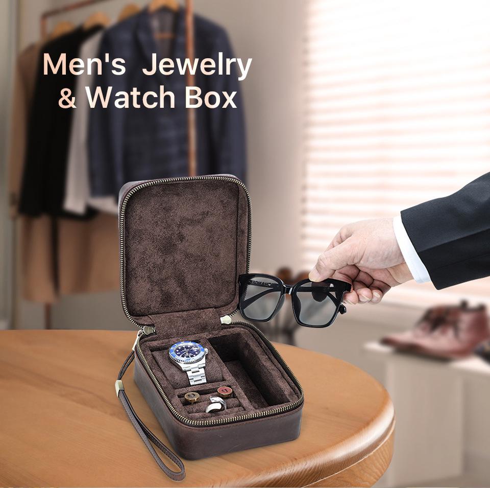 Retro Crazy Horse Genuine Leather Travel Storage Box for Glasses, Watches, and Jewelry - Drop-Proof and Multifunctional