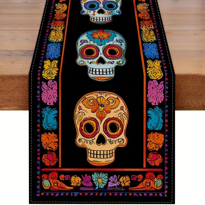 Mexican Day of The Dead Linen Table Runner Home Decor Mexico Sugar Skull Floral Dia De Los Muertos Table Runner Party Decoration