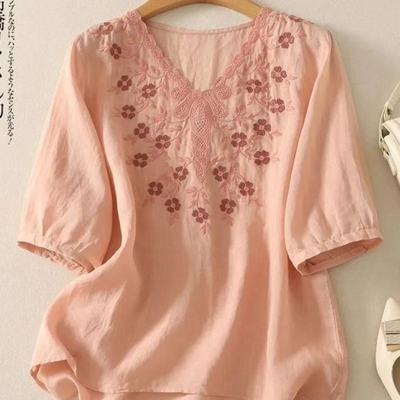Women's White Linen Blouse Half Sleeve V-Neck Embroidered Floral Casual Top
