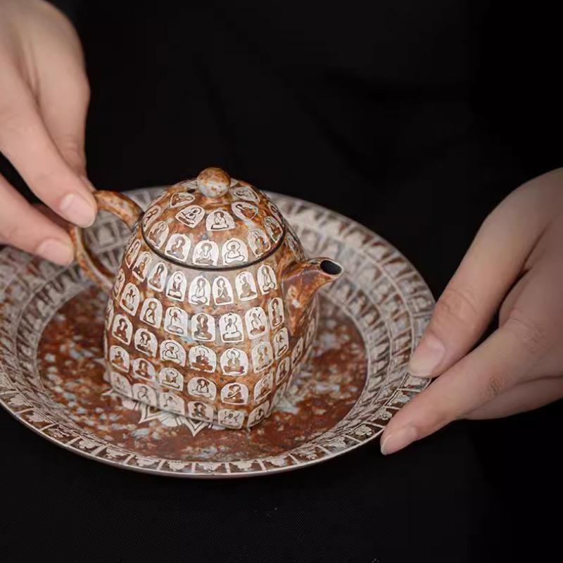 Dunhuang Ten Thousand Buddhas Silver Gilded Ceramic Gongfu Tea Set Chinese Traditional Yixing Teapot Gift Home Decor