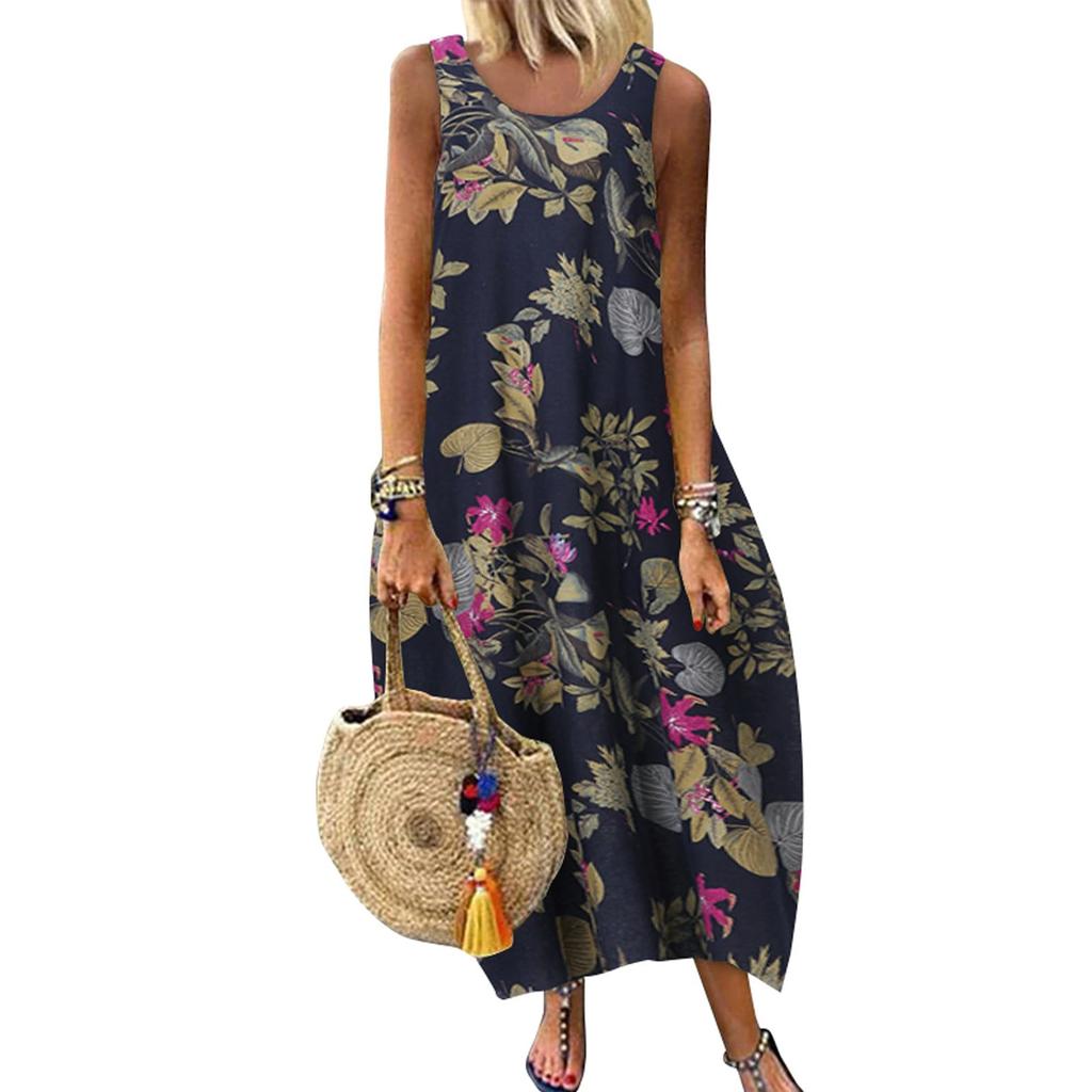 Robes pour femmes imprimé fleuri sans manches surdimensionné robe débardeur ample de vacances