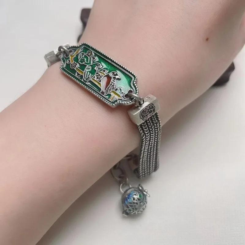 Classical Vintage Exquisite Palace Style Green Enamel Magpie Bracelet for Women Coarse Chain Bangles   Jewelry