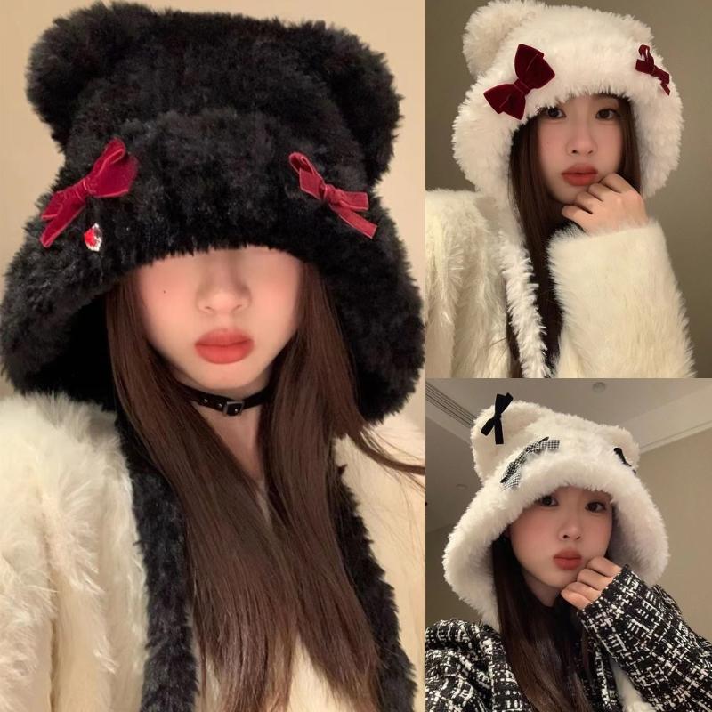Bowknot Bear Ear Hat Warm Ear Flap Hat Ear Protective Cap Cold Weather Beanies