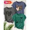 Three-piece set Elegant short-sleeved dress for women Leopard print heart shape+Multi-element heart overlay+Heart-shaped bow combination printed