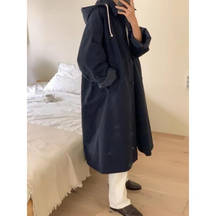 Korean Vintage Fashion Overcoat Loose Fit Single Breasted Long Coat with Detachable Hood Autumn Winter Women Outerwear Retro Long Sleeve New