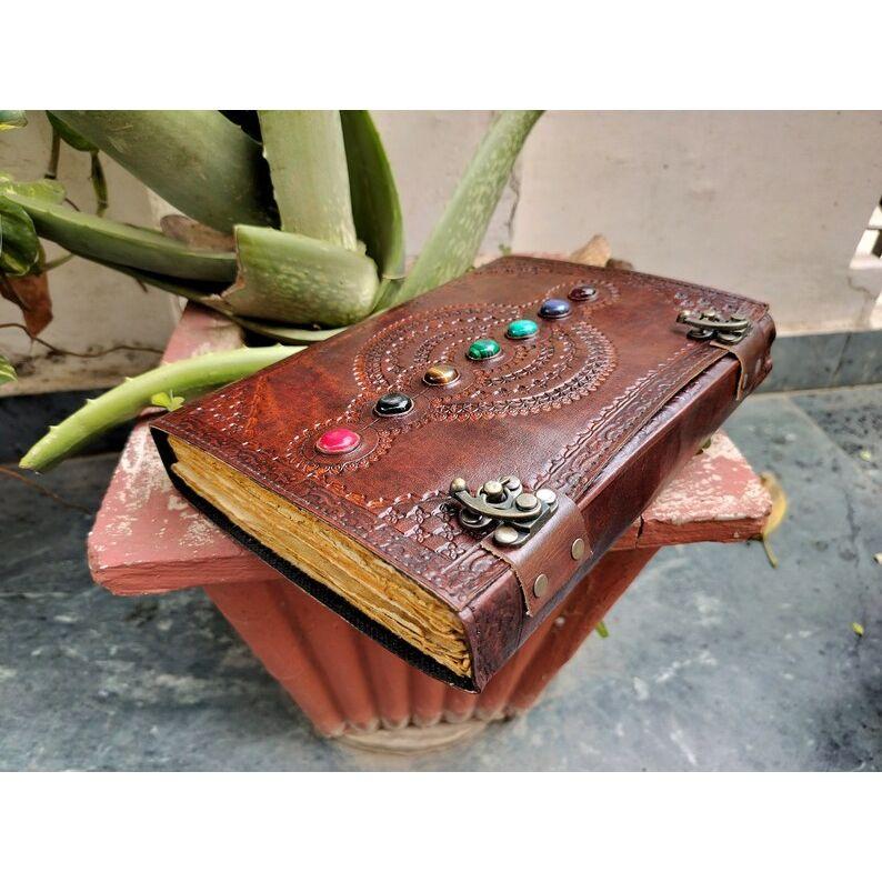 Handcrafted Seven Stone Chakra Leather Journal: Perfect for Anniversaries, Christmas, and Self-Reflection. Unique Gift for Loved Ones. (pack of 2)