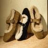 Sheepskin Version ~ Retro Shallow Round Toe Plush Cotton Shoes with a Strap Mary Jane Single Shoes Women's Winter Thick Heel Wool Shoes