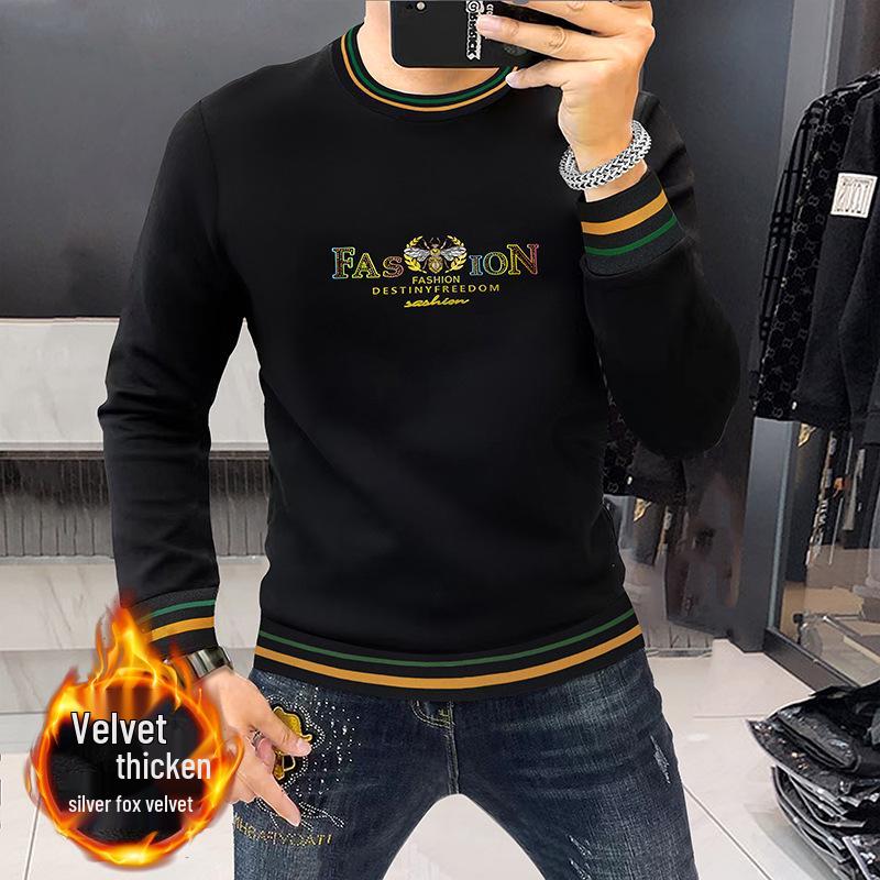 High-End European Men's Trendy Hooded Sweatshirt - Round Neck, Long Sleeve, Velvet Lined for Autumn/Winter