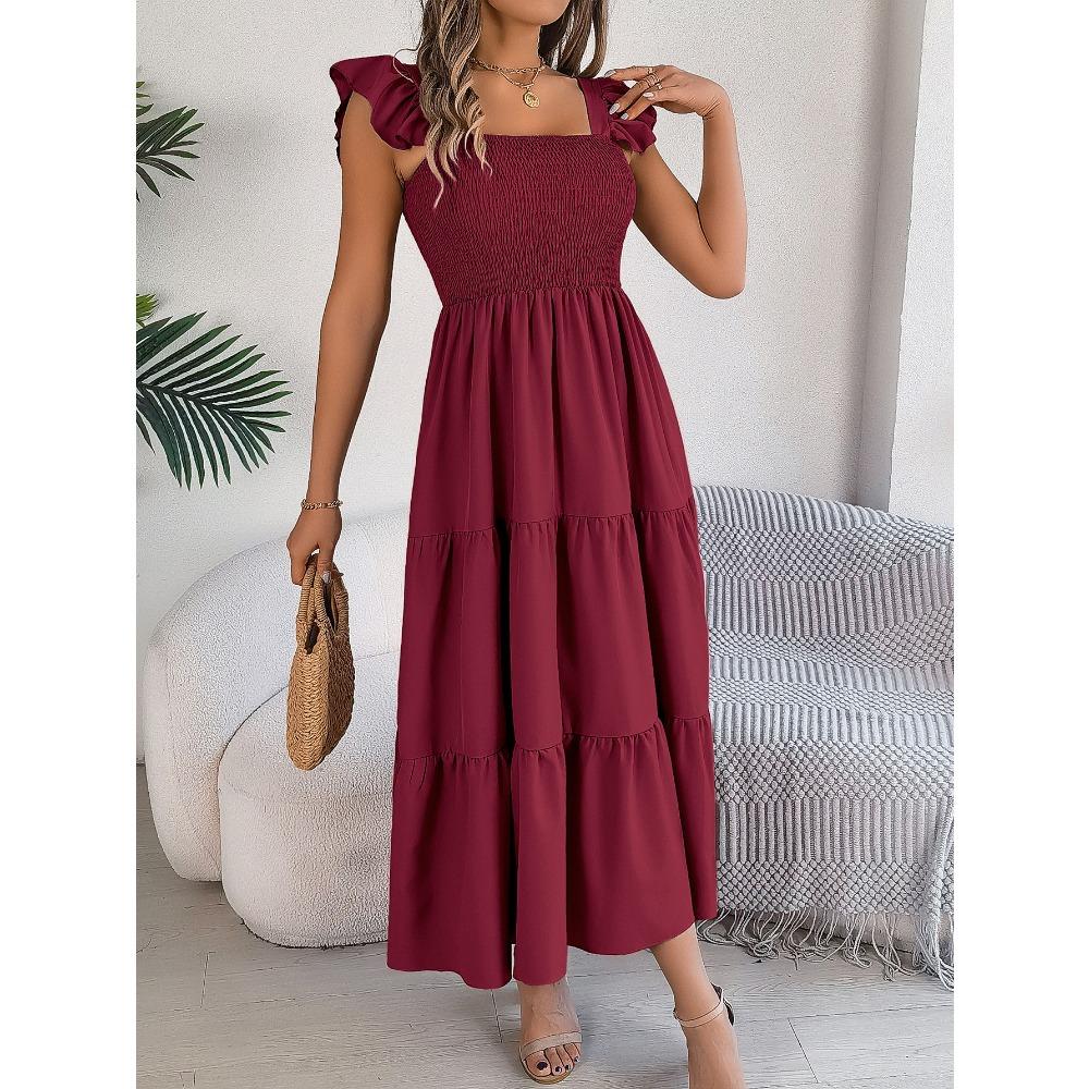 Summer Solid Colour Square Neck Wooden Ear Side Waist A-Line Long Women's Loose Casual Dresses
