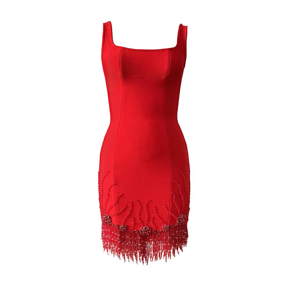 

Elegant Rhinestone Tassel Bandage Dress for Evening Parties XL червоний