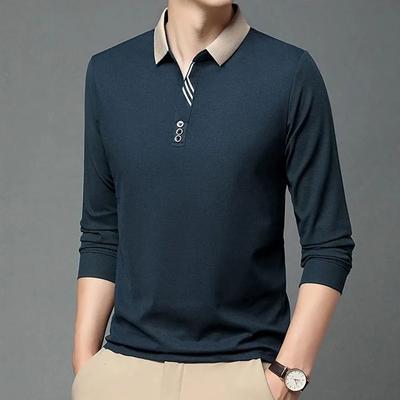 Herren Langarm Poloshirt Atmungsaktiv Schmal Geschnitten Umlegekragen T-Shirt Lässiger Basic Stil Männliche Mode Oberteile Kontrastfarbe