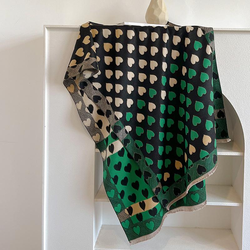 

Двусторонний шарф Love Grid из искусственного кашемира, мягкая теплая шаль с бахромой, осенне-зимний, утепленный, ветрозащитный, одеяльный шарф 190*65cm зелёный