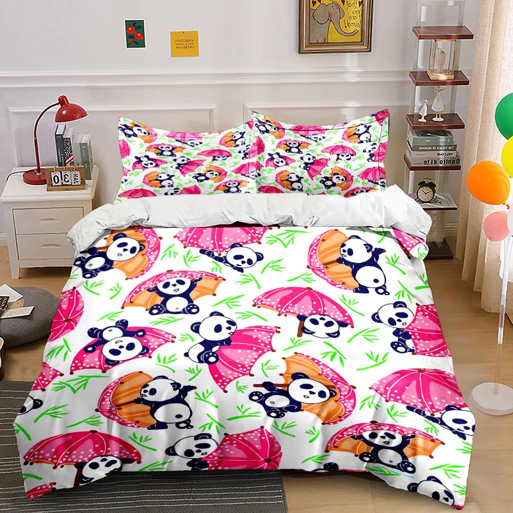 Cute Panda with Colorful Umbrellas Bedding Duvet Cover Set Duvet Cover Pillowcases (1*Duvet Cover 2*Pillowcases, without duvet insert)