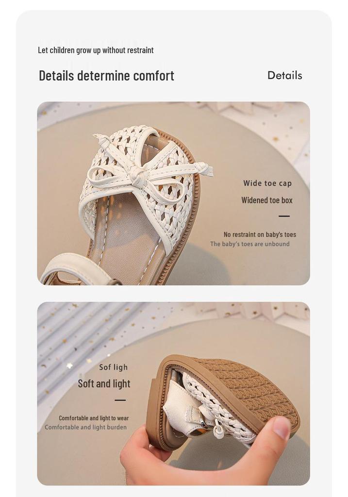 Girls' 2026 Korean Style Bow Knot Closed Toe Sandals - Soft Sole Woven Princess Shoes for Little Girls