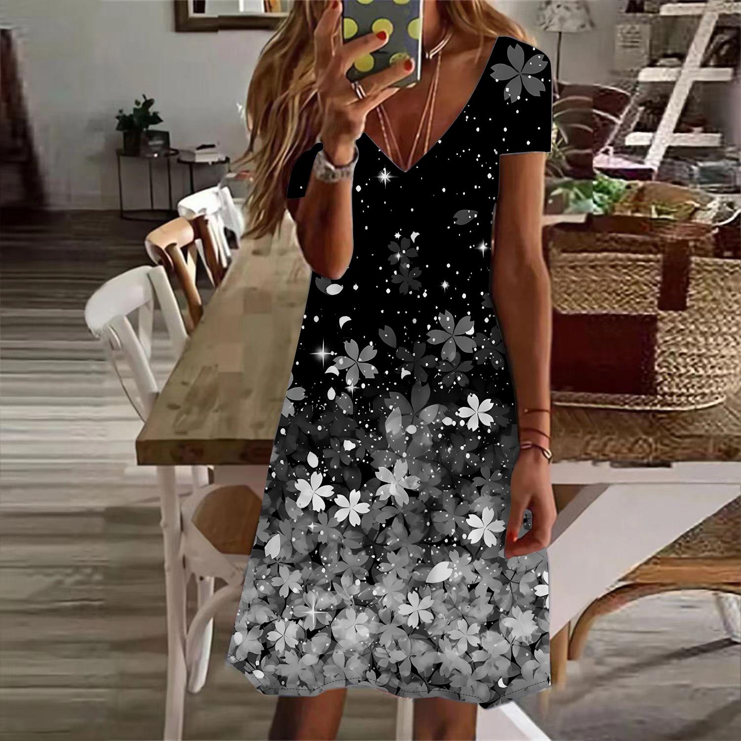 

Летняя мода женские V-образный вырез короткий рукав цветочный принт платье сексуальные короткие юбки платья 8XL серый