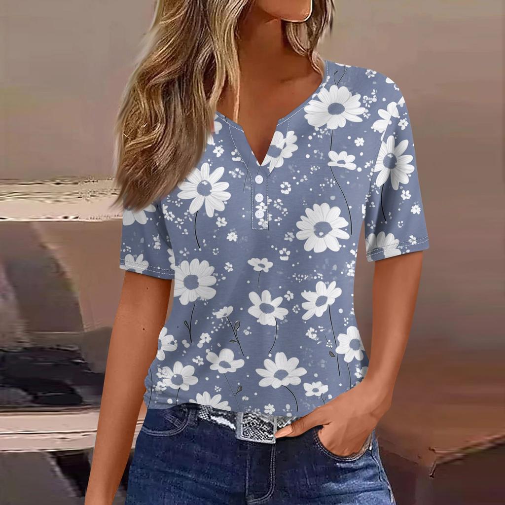 Women's T Shirt Tee Print Button Short Sleeve Daily Weekend Fashion Basic V- Neck Regular Top
