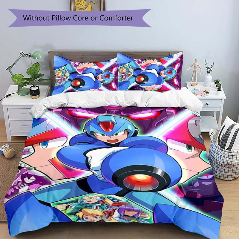 3pcs Cartoon Rockman Game Megaman pattern bedding set duvet cover set includes duvet cover &pillowcases, perfect all season bedroom decoration & gift