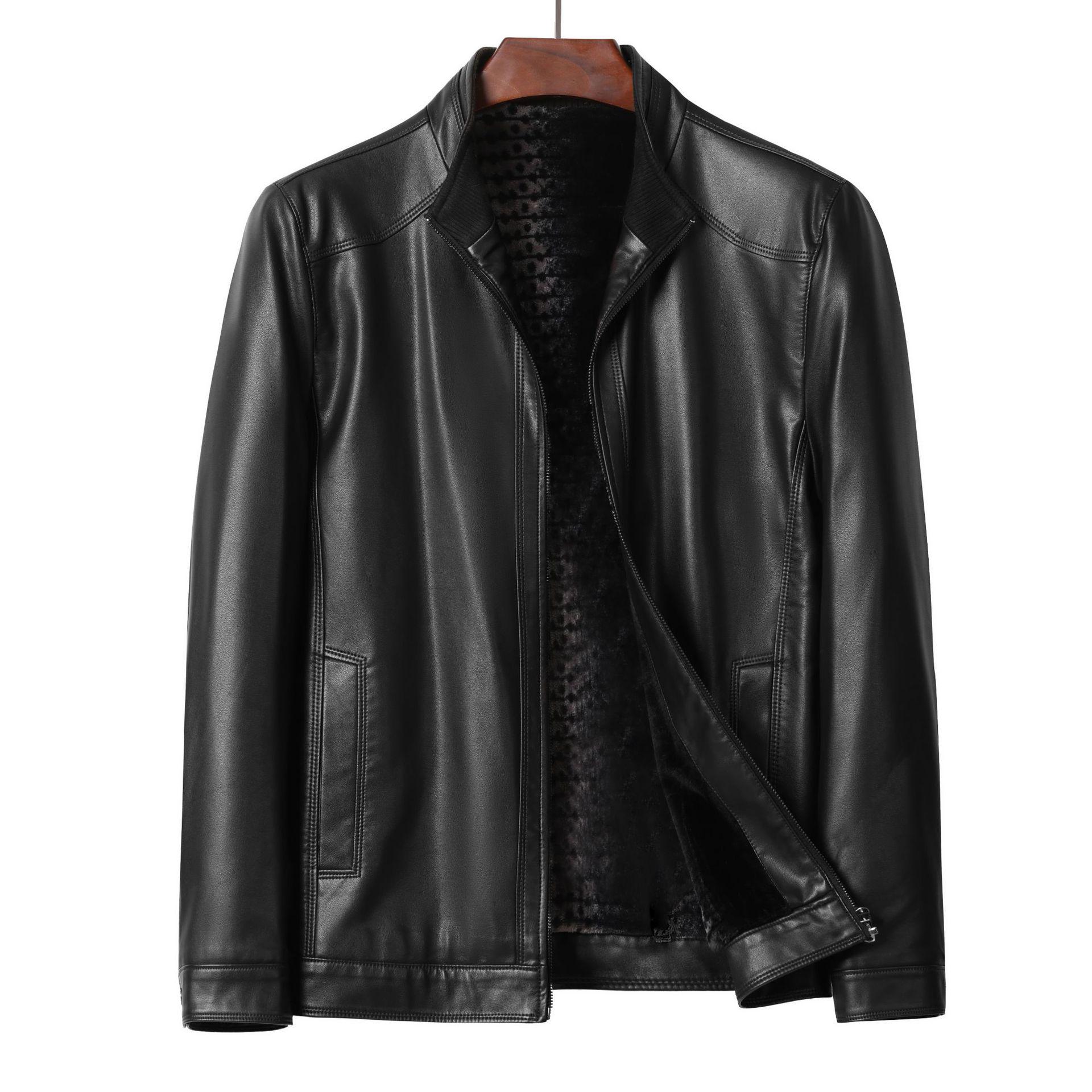 

Men s Fleece-Lined Leather Jacket: Business Casual, Stand-Up Collar, Plus Size, Autumn/Winter Collection 7XL