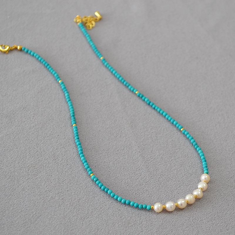 French niche design retro literary freshwater irregular pearl turquoise beaded simple classical temperament necklace