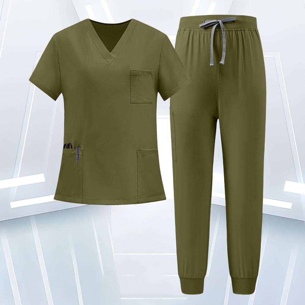 Women's Uniform Scrub Set - Quick-Dry V-Neck Short Sleeve Top with Pockets and Long Pants, Color