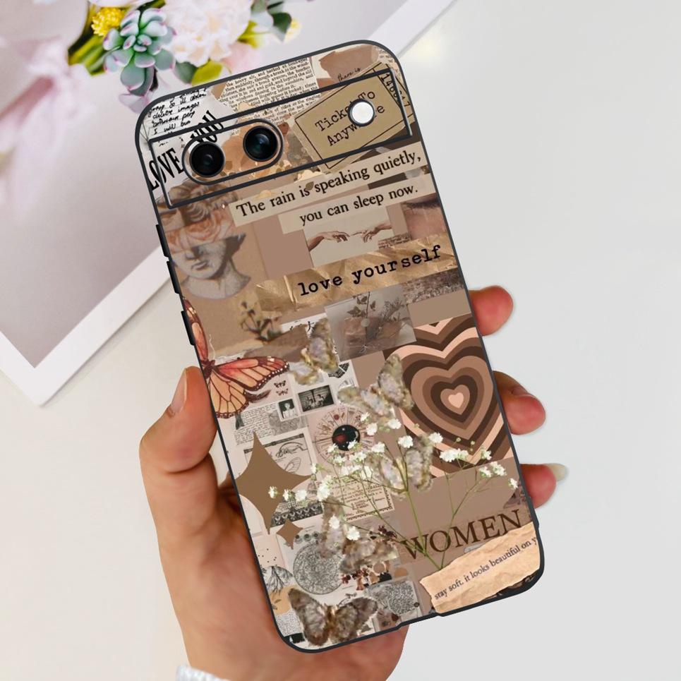 Black Matte Silicone Back Cover For Google Pixel 8A Painting Case Cartoon Lovely Cat Butterfly Flower Bumper Google 8A Soft Etui