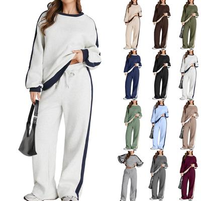 Women's Fashion Solid Color Long Sleeved Round Neck Top And Pants Casual Two-Piece Set