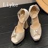 Fashion Liyke Sexy 13.5CM Super High Heels Platform Sandals Women Summer Fashion White Pearl Peep Toe Wedding Banquet Shoe Zapatos Mujer