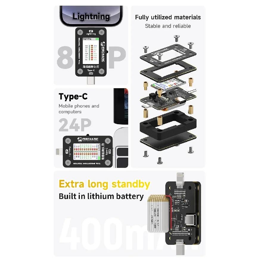 MECHANIC T-824 T824 SE Tail Insertion Tester Tail Insertion Detector Type-C Lightning I Nterface for Phone Repair Tools