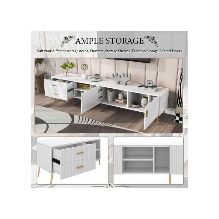 Meuble TV pour TV 75", Centre de divertissement moderne, Console média (Blanc)