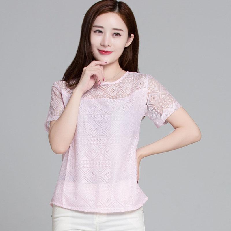 Summer Women Lace T-Shirt Lady Short-Sleeve Round-Neck T-Shirt Female Sexy Slim Fit Tee Girl Chiffon Shirt Pullover