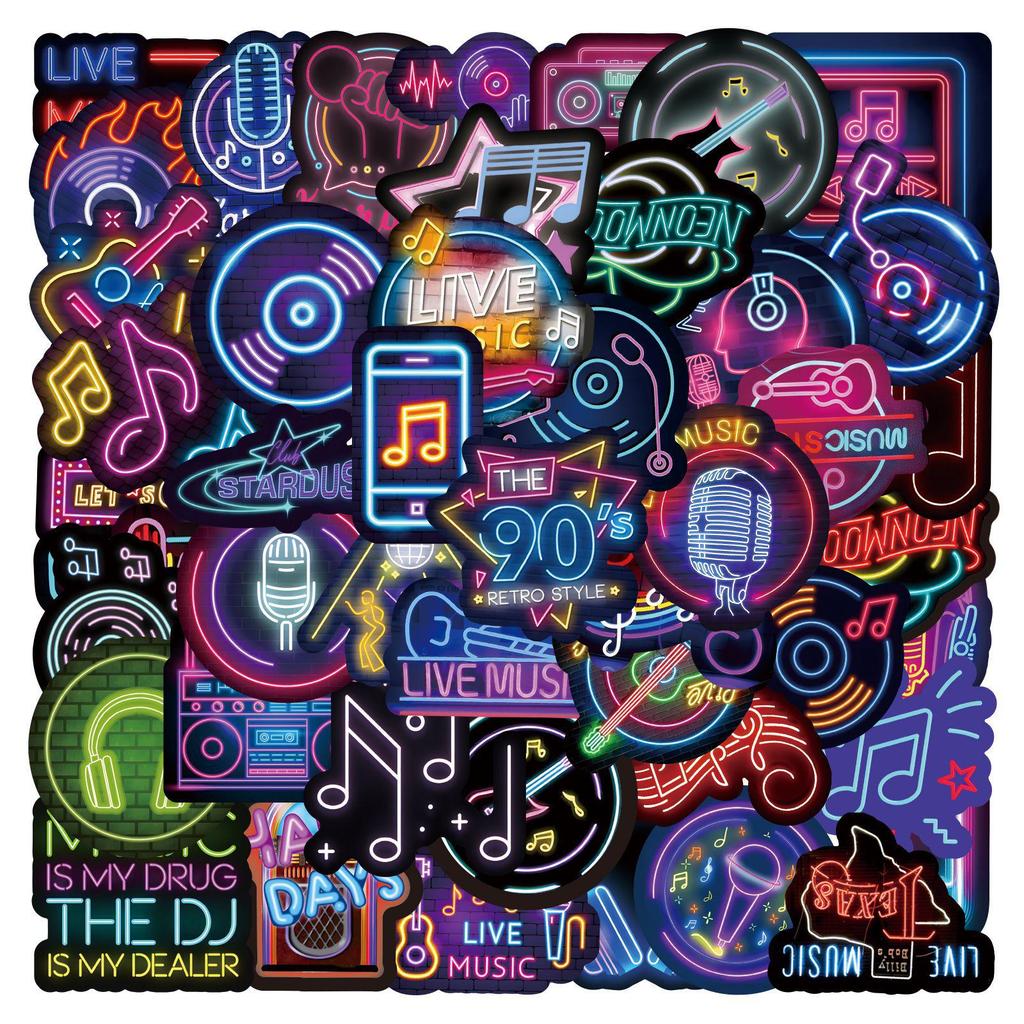 55pcs Cartoon Neon Music Graffiti Waterproof Stickers for Planners, Water Bottles, and Computers