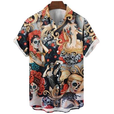 Yazlık Erkek Gömlekleri 3d Vintage Korku Kafatası Rocker Baskılı Gotik Rockabilly Hawaii Gömleği Kısa Kollu Üst Erkek Giyim