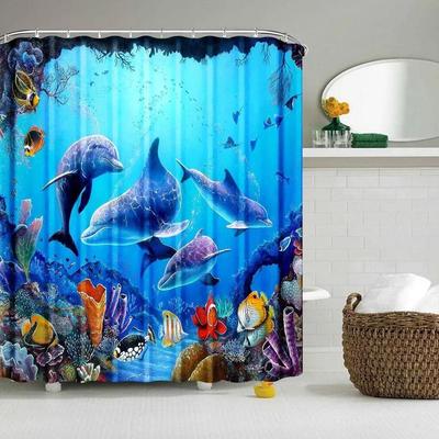 Conjunto de cortinas de chuveiro Ocean Underwater World Dolphin Animal Alegre Vida Marinha Cenário Tecido de poliéster para decoração de banheiro infantil