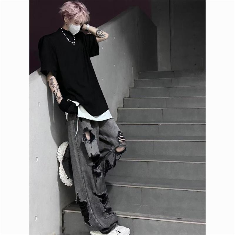 Amerikanischer Stil Alter Rüpel Gutaussehend Weitbeinige Zerrissene Jeans Street Locker Gerade Hose Herren