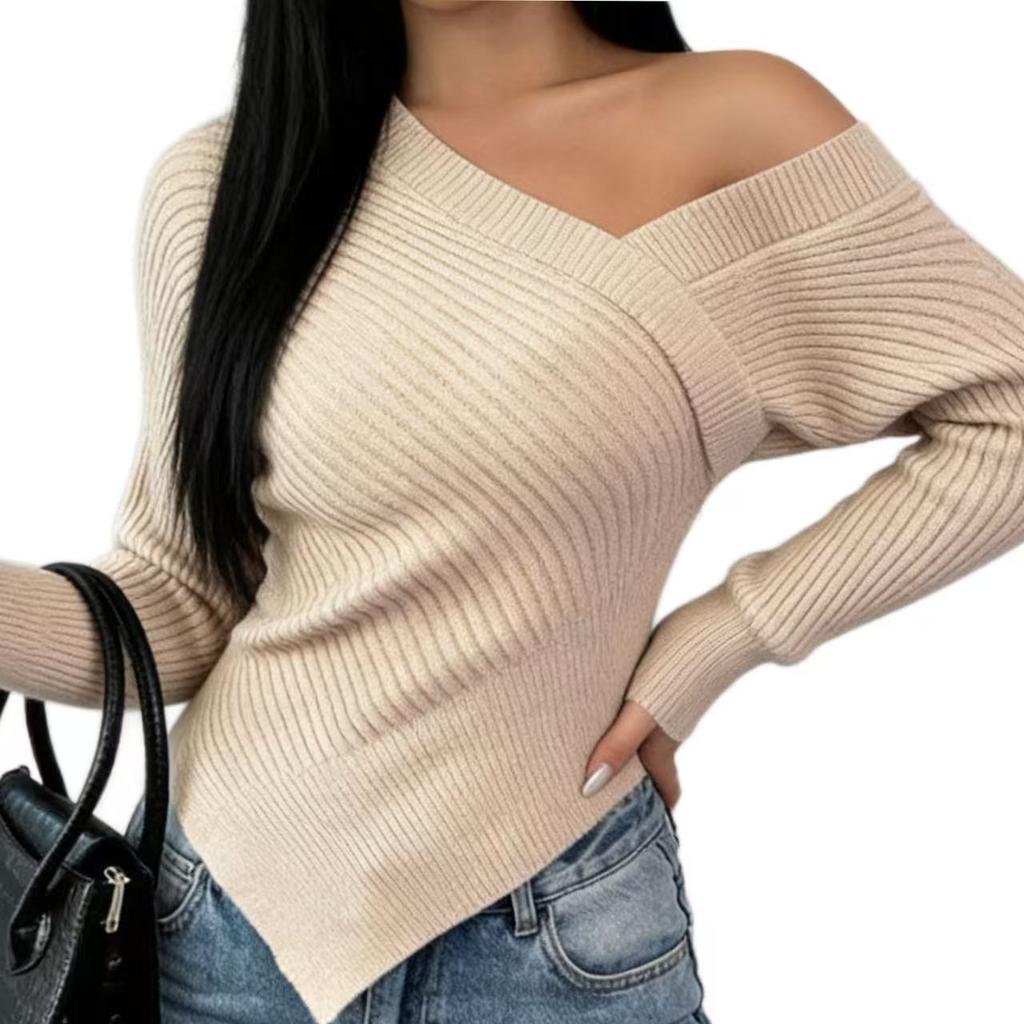 Wind Slanted Shoulder Knitted Sweater Women's Autumn and Winter Sexy Off-the-shoulder Slim-fit Irregular Hem Bottoming Shirt Women's Waist Sweater
