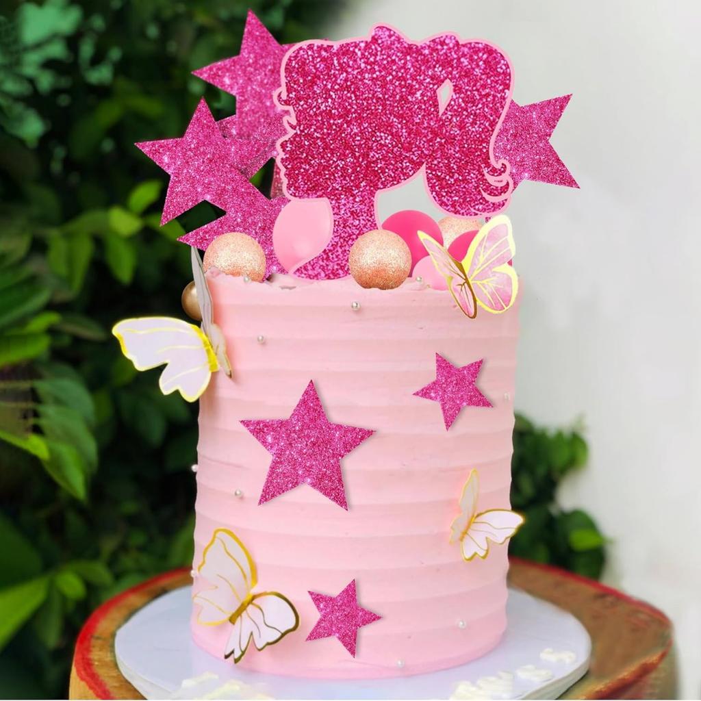 Heißes Pink Mädchen Gold Schmetterling Kugeln Stern Puppe Kuchenaufsatz für Hochzeit Babyparty Jubiläum Mädchen Geburtstag Themenparty Zubehör
