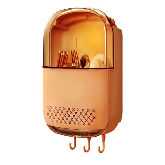 

Kitchen Shelf Wall-Mounted Compartment Organizer with Dustproof Clear Cover And Drain Tray Drying Rack for Tableware оранжевый