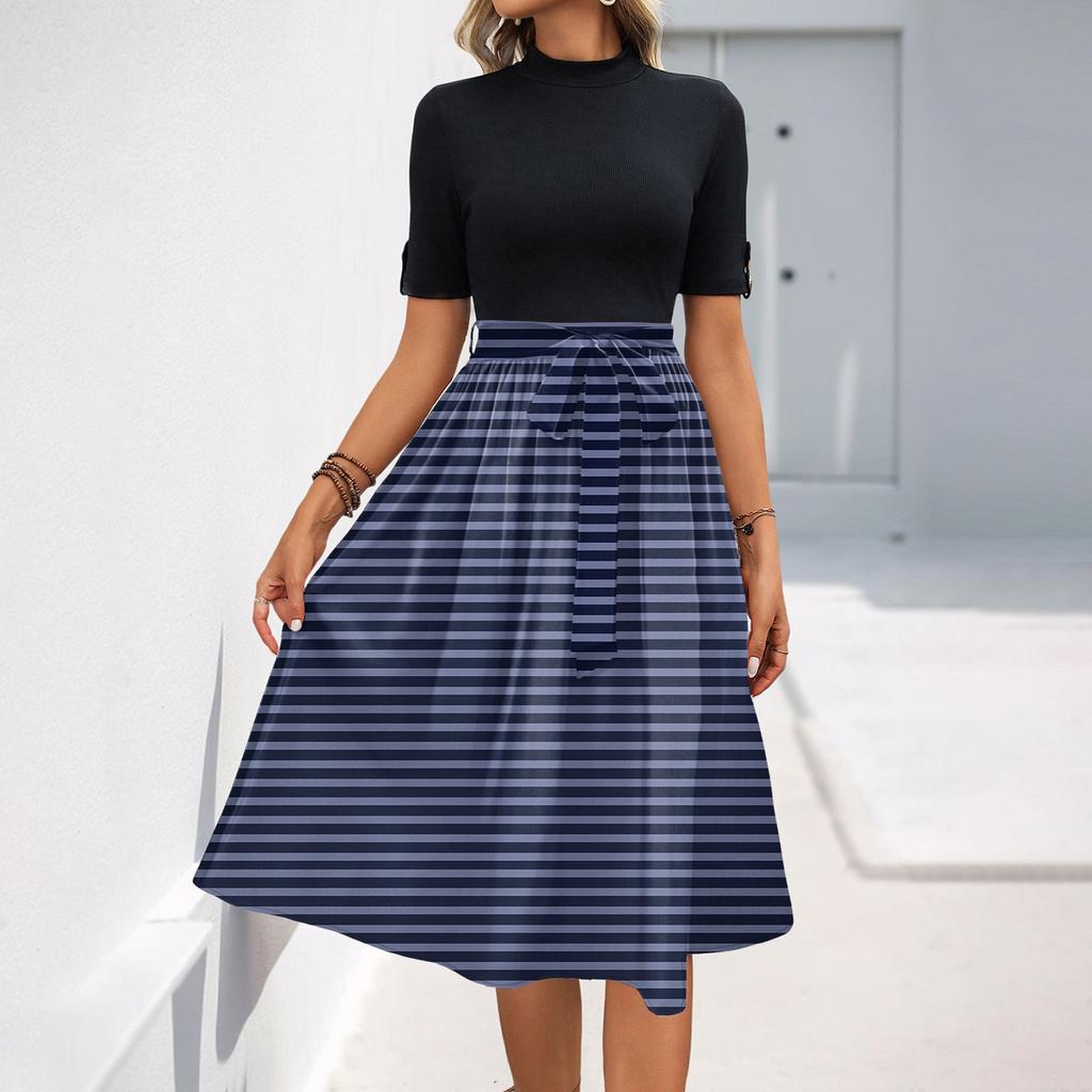 Women's Fashion Casual Belt Short Sleeve Round Neck Elegant Temperament Dress