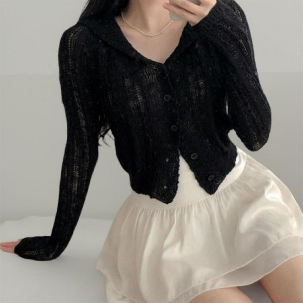New Arrivals Open Run Women Simple Sheer Fit Semi Crop Long Sleeve Knit Cardigan