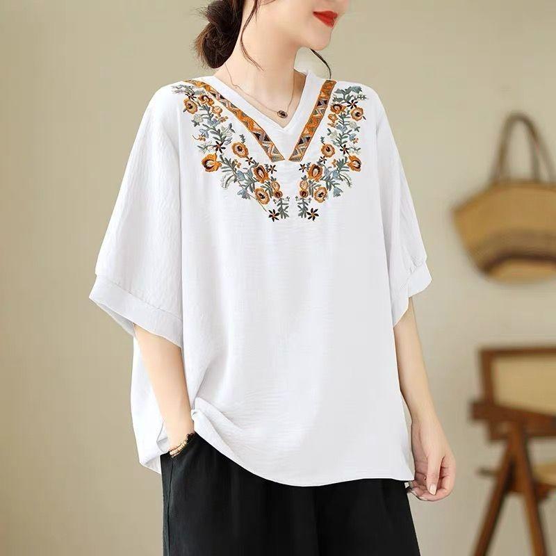 Vintage Short Sleeve Loose Pullovers Female Clothing Folk Fashion Embroidery Korean Spliced Summer Casual V-Neck Basic T-shirt