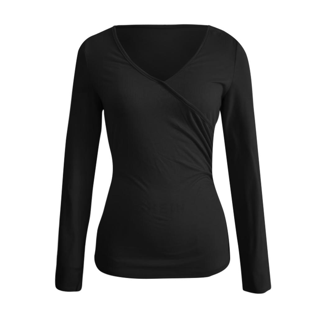 Women's And Winter Fashion Slim V-Neck Color Long Sleeve Bottom Down Shirt Sweatshirt Top