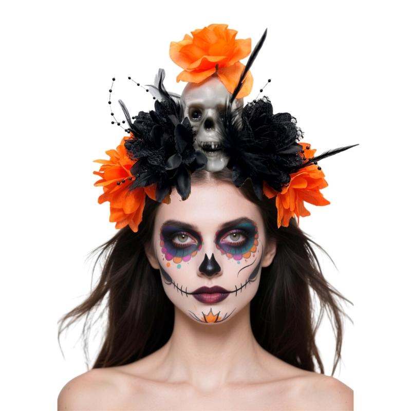 Halloween Party Skull Headpiece With Punk Flower Decors Comfortable Hairband For Adult Costume Event Gathering Headwear
