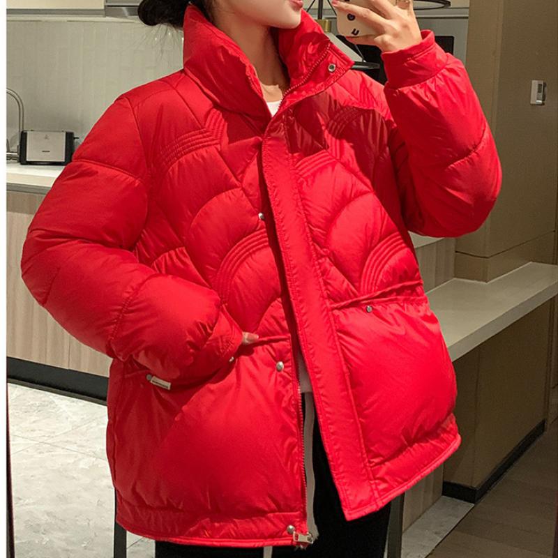 Pevná péřová bunda pro ženy Podzim Zima Nová móda Vintage Parky s dlouhým rukávem Ležérní Stojánek Límeček Zipy Kabáty