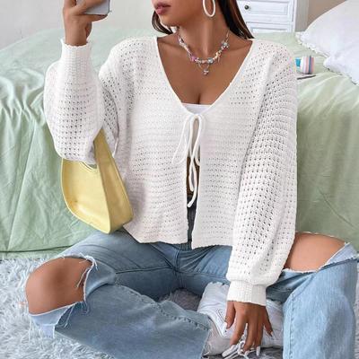 Early Autumn Casual Lace-up, Cut-out Long-sleeved Knitted Sweater, Cardigan for Women