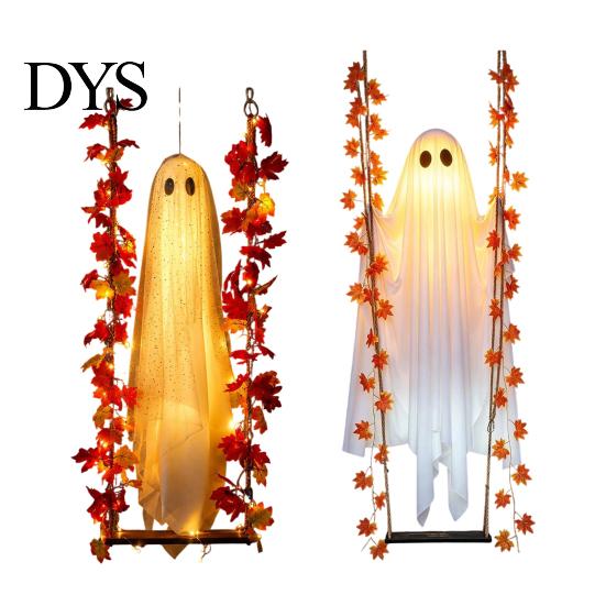 Reusable Holiday Props Light Up Hanging Swinging Ghost Halloween Decoration with Remote Control, Large White Unique Theme Accents Ornament Maple