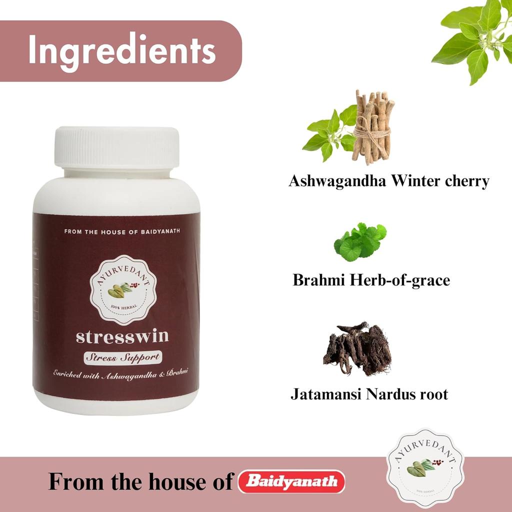 Baidyanath Ayurvedant Stresswin Capsules For Stress Support & Mental Stamina | Withanolides 5% & Saponin 20% | 60 Caps + 8 g Free Toothpaste
