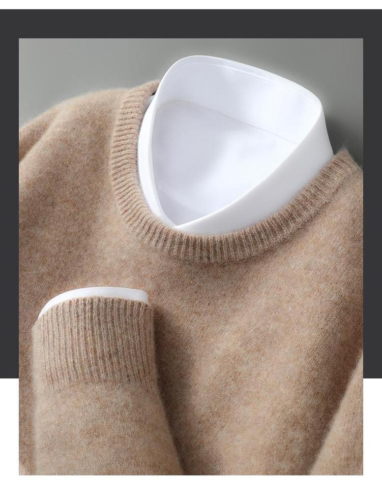 Men's 100% Australian Wool Round Neck Sweater - Skin-Friendly Business Casual Knitwear for Autumn/Winter.